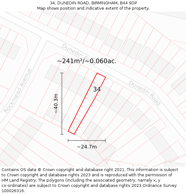 34, DUNEDIN ROAD, BIRMINGHAM, B44 9DP: Plot and title map