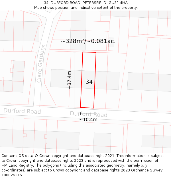 34, DURFORD ROAD, PETERSFIELD, GU31 4HA: Plot and title map