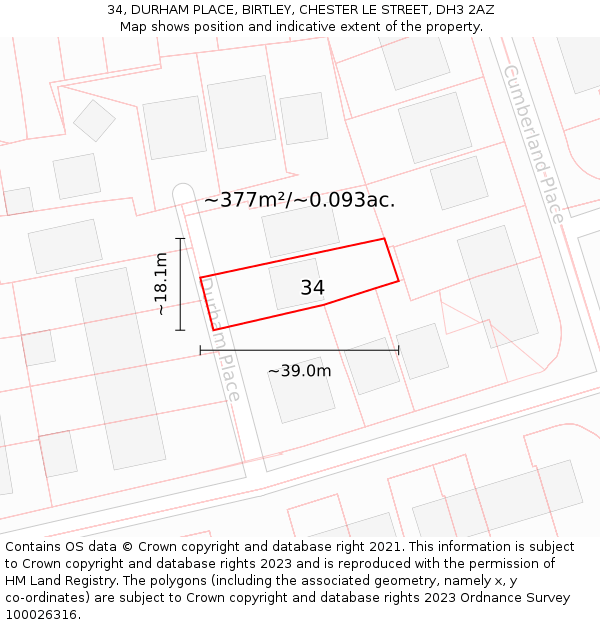 34, DURHAM PLACE, BIRTLEY, CHESTER LE STREET, DH3 2AZ: Plot and title map