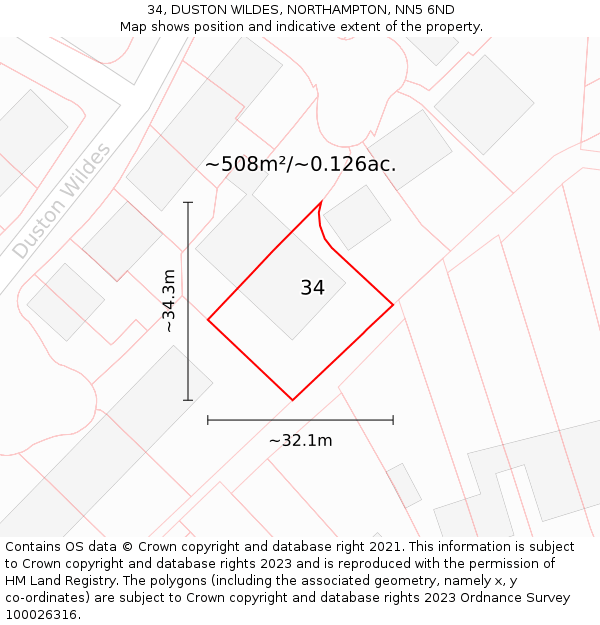 34, DUSTON WILDES, NORTHAMPTON, NN5 6ND: Plot and title map