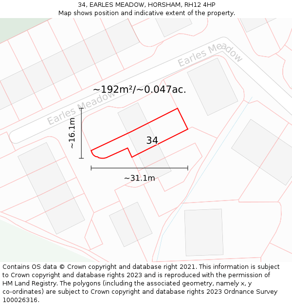 34, EARLES MEADOW, HORSHAM, RH12 4HP: Plot and title map