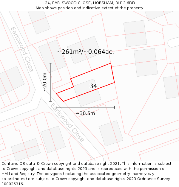 34, EARLSWOOD CLOSE, HORSHAM, RH13 6DB: Plot and title map