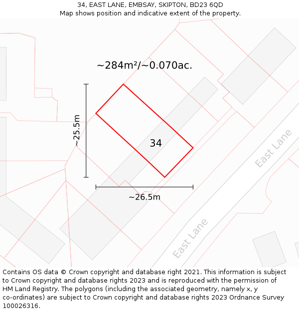 34, EAST LANE, EMBSAY, SKIPTON, BD23 6QD: Plot and title map
