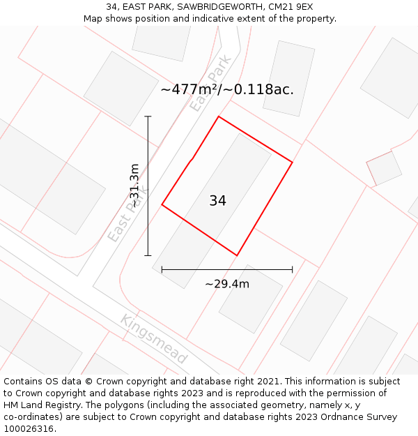 34, EAST PARK, SAWBRIDGEWORTH, CM21 9EX: Plot and title map