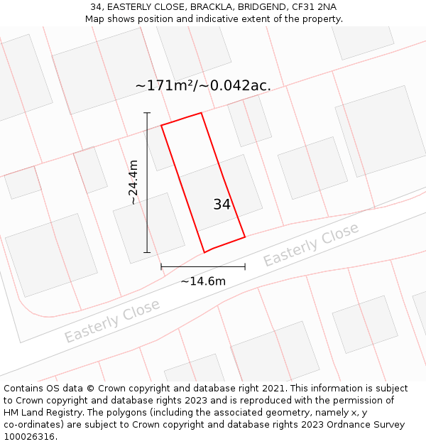 34, EASTERLY CLOSE, BRACKLA, BRIDGEND, CF31 2NA: Plot and title map