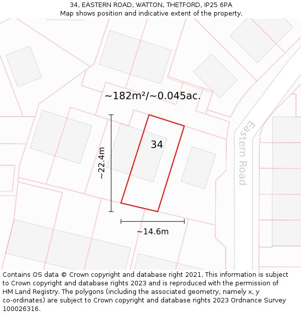 34, EASTERN ROAD, WATTON, THETFORD, IP25 6PA: Plot and title map