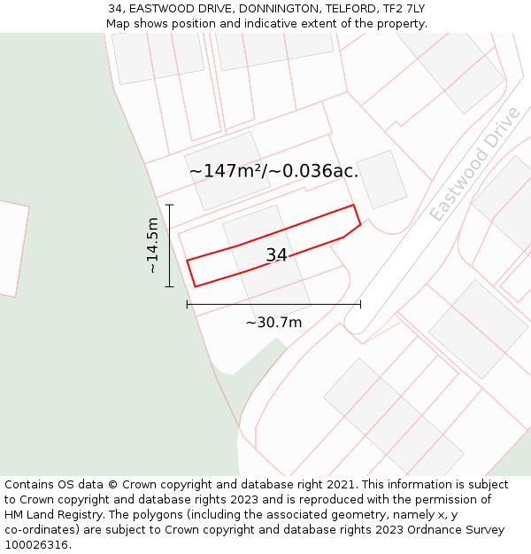 34, EASTWOOD DRIVE, DONNINGTON, TELFORD, TF2 7LY: Plot and title map