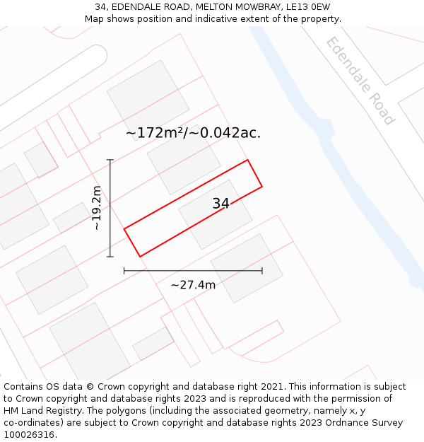 34, EDENDALE ROAD, MELTON MOWBRAY, LE13 0EW: Plot and title map