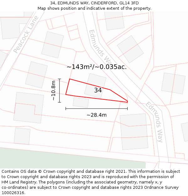 34, EDMUNDS WAY, CINDERFORD, GL14 3FD: Plot and title map