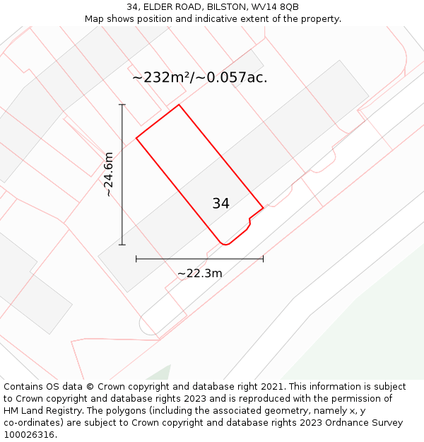 34, ELDER ROAD, BILSTON, WV14 8QB: Plot and title map