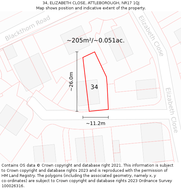 34, ELIZABETH CLOSE, ATTLEBOROUGH, NR17 1QJ: Plot and title map