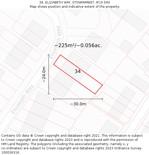 34, ELIZABETH WAY, STOWMARKET, IP14 5AX: Plot and title map