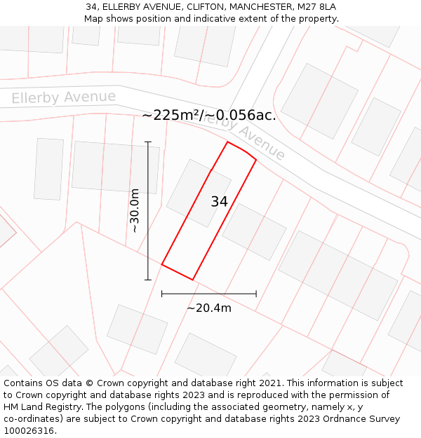 34, ELLERBY AVENUE, CLIFTON, MANCHESTER, M27 8LA: Plot and title map