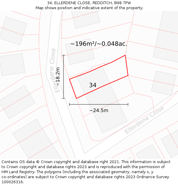 34, ELLERDENE CLOSE, REDDITCH, B98 7PW: Plot and title map