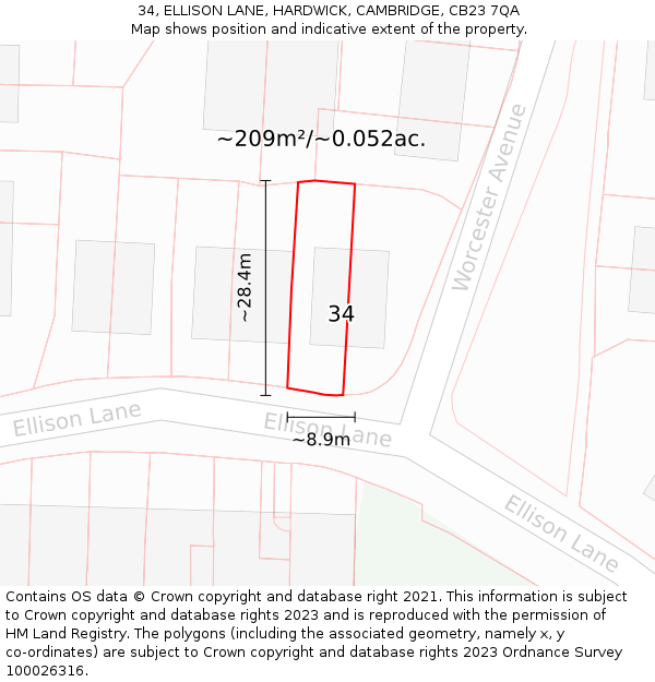 34, ELLISON LANE, HARDWICK, CAMBRIDGE, CB23 7QA: Plot and title map