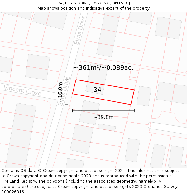 34, ELMS DRIVE, LANCING, BN15 9LJ: Plot and title map