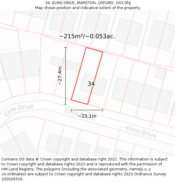 34, ELMS DRIVE, MARSTON, OXFORD, OX3 0NJ: Plot and title map