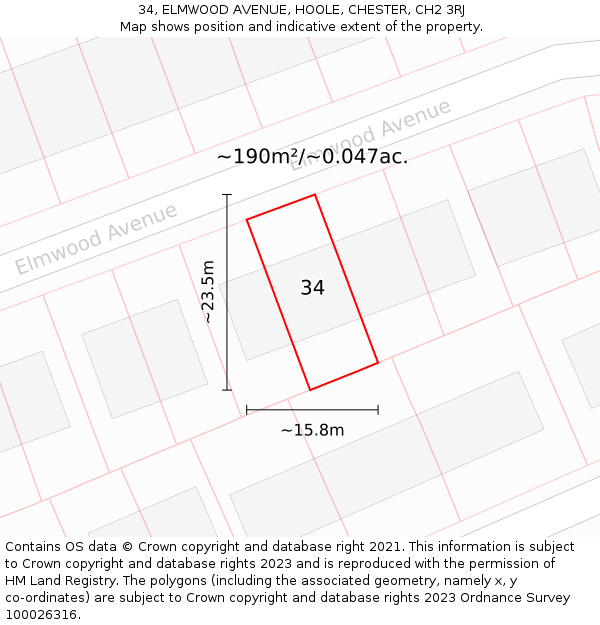 34, ELMWOOD AVENUE, HOOLE, CHESTER, CH2 3RJ: Plot and title map