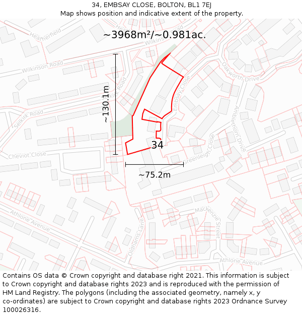 34, EMBSAY CLOSE, BOLTON, BL1 7EJ: Plot and title map