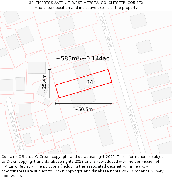 34, EMPRESS AVENUE, WEST MERSEA, COLCHESTER, CO5 8EX: Plot and title map