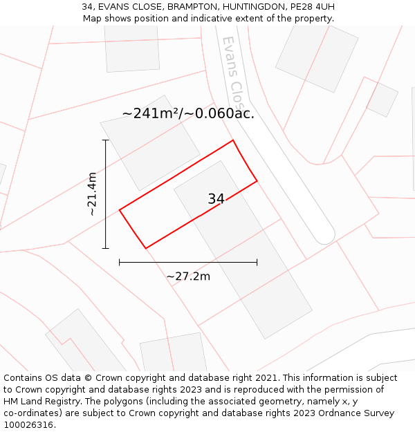 34, EVANS CLOSE, BRAMPTON, HUNTINGDON, PE28 4UH: Plot and title map