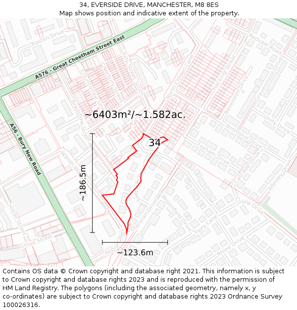 34, EVERSIDE DRIVE, MANCHESTER, M8 8ES: Plot and title map