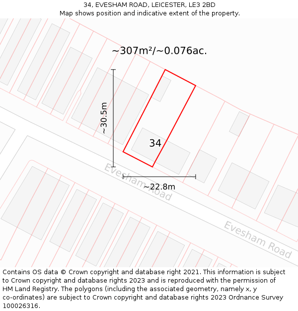 34, EVESHAM ROAD, LEICESTER, LE3 2BD: Plot and title map