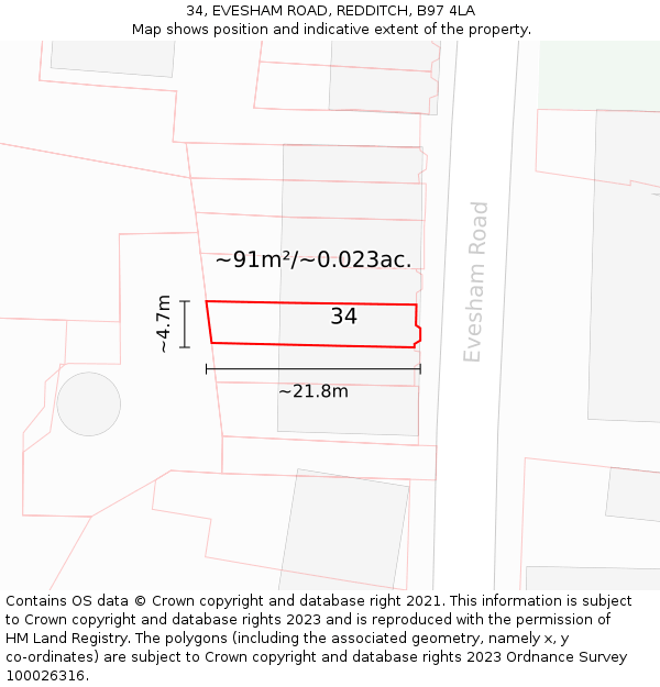 34, EVESHAM ROAD, REDDITCH, B97 4LA: Plot and title map