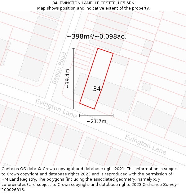 34, EVINGTON LANE, LEICESTER, LE5 5PN: Plot and title map