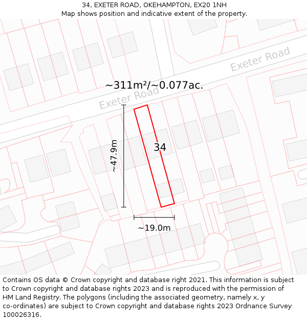 34, EXETER ROAD, OKEHAMPTON, EX20 1NH: Plot and title map