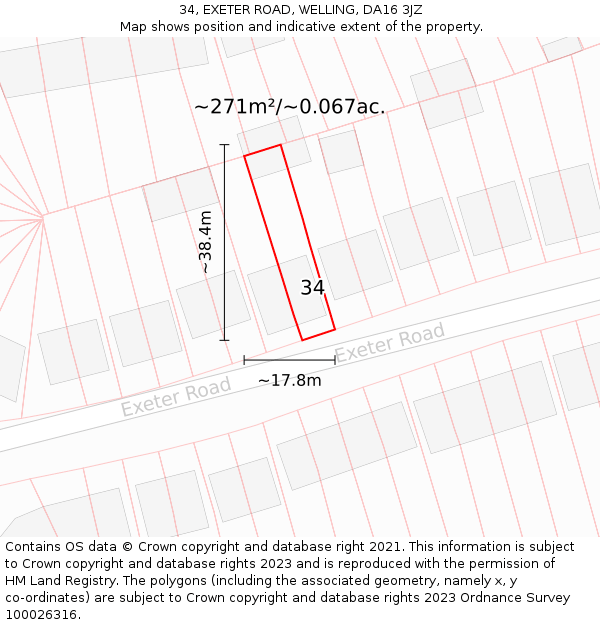 34, EXETER ROAD, WELLING, DA16 3JZ: Plot and title map