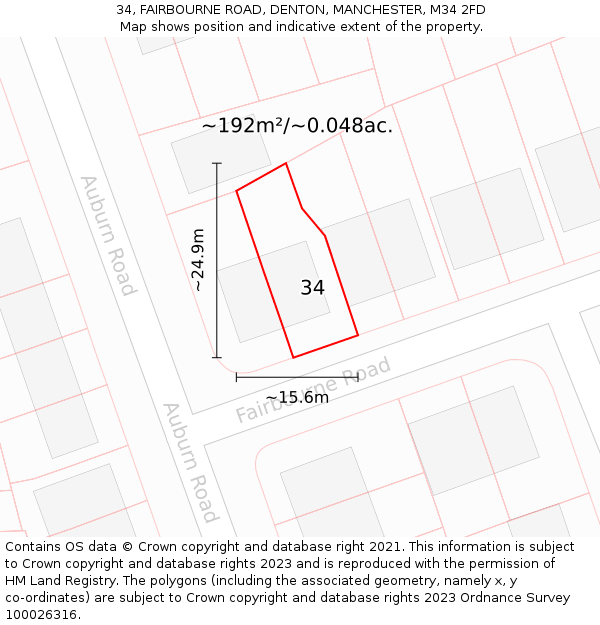 34, FAIRBOURNE ROAD, DENTON, MANCHESTER, M34 2FD: Plot and title map