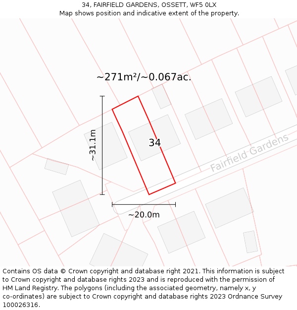 34, FAIRFIELD GARDENS, OSSETT, WF5 0LX: Plot and title map
