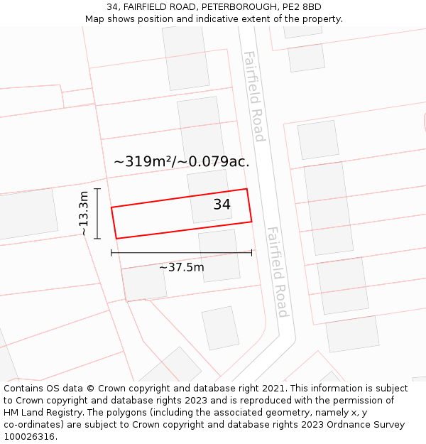 34, FAIRFIELD ROAD, PETERBOROUGH, PE2 8BD: Plot and title map