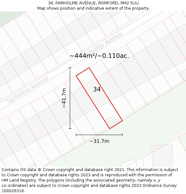 34, FAIRHOLME AVENUE, ROMFORD, RM2 5UU: Plot and title map