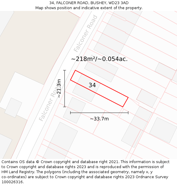 34, FALCONER ROAD, BUSHEY, WD23 3AD: Plot and title map