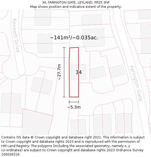 34, FARINGTON GATE, LEYLAND, PR25 3NF: Plot and title map