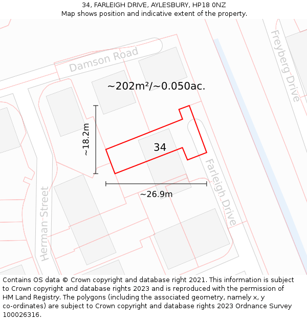 34, FARLEIGH DRIVE, AYLESBURY, HP18 0NZ: Plot and title map