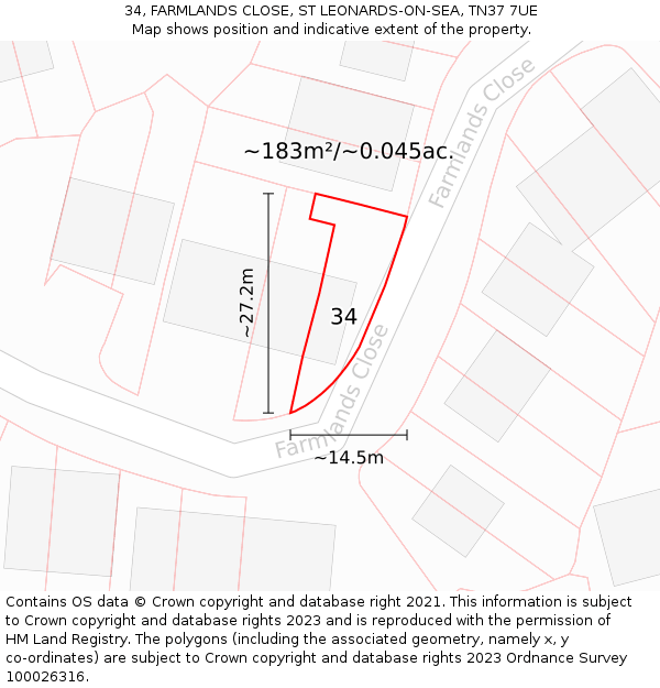 34, FARMLANDS CLOSE, ST LEONARDS-ON-SEA, TN37 7UE: Plot and title map