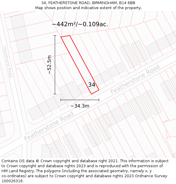 34, FEATHERSTONE ROAD, BIRMINGHAM, B14 6BB: Plot and title map