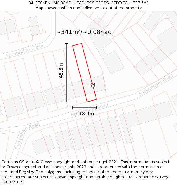 34, FECKENHAM ROAD, HEADLESS CROSS, REDDITCH, B97 5AR: Plot and title map