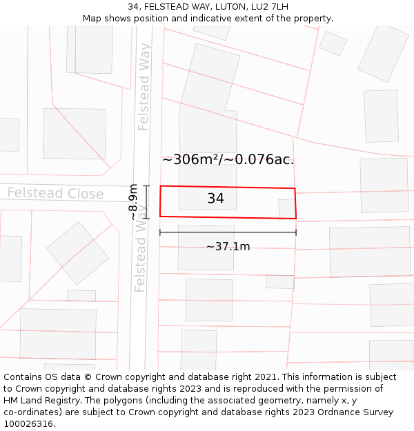 34, FELSTEAD WAY, LUTON, LU2 7LH: Plot and title map