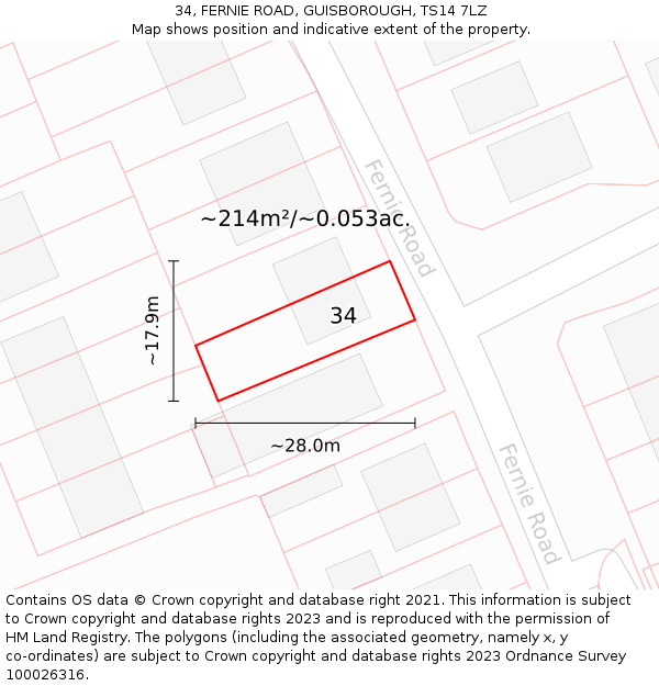 34, FERNIE ROAD, GUISBOROUGH, TS14 7LZ: Plot and title map