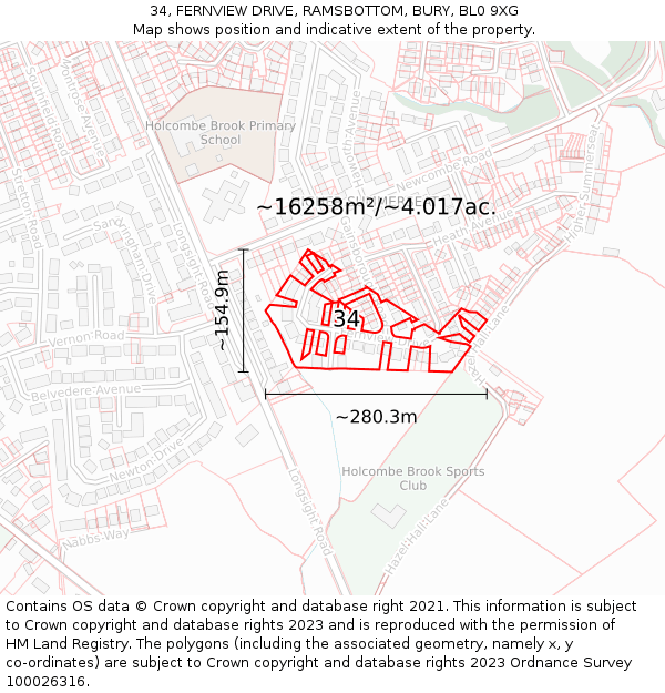 34, FERNVIEW DRIVE, RAMSBOTTOM, BURY, BL0 9XG: Plot and title map