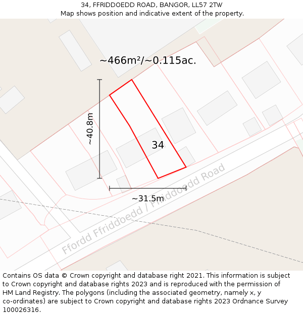34, FFRIDDOEDD ROAD, BANGOR, LL57 2TW: Plot and title map