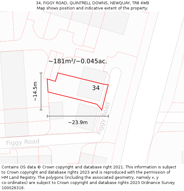 34, FIGGY ROAD, QUINTRELL DOWNS, NEWQUAY, TR8 4WB: Plot and title map