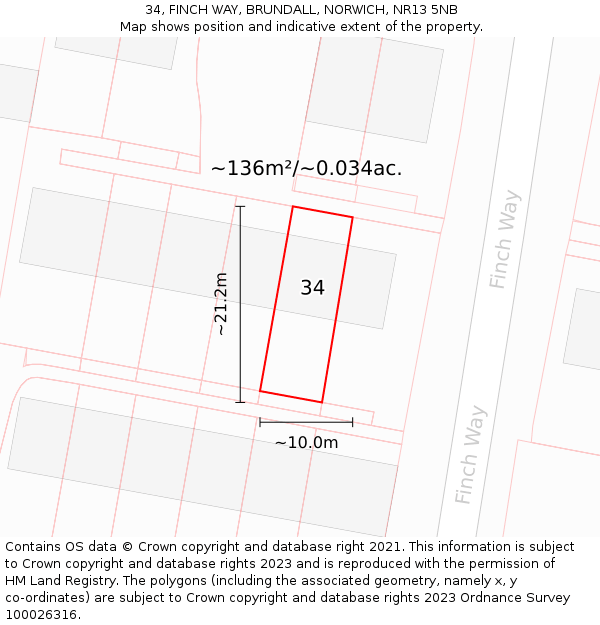 34, FINCH WAY, BRUNDALL, NORWICH, NR13 5NB: Plot and title map