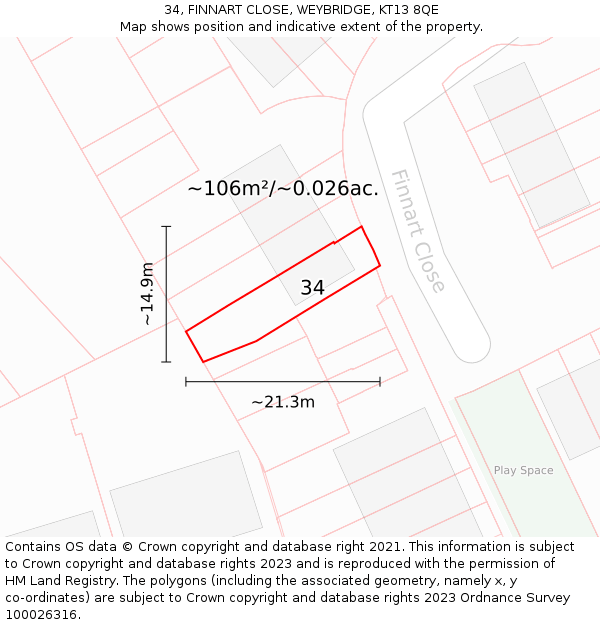 34, FINNART CLOSE, WEYBRIDGE, KT13 8QE: Plot and title map
