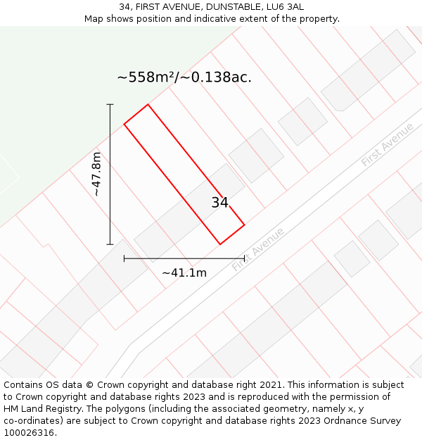 34, FIRST AVENUE, DUNSTABLE, LU6 3AL: Plot and title map