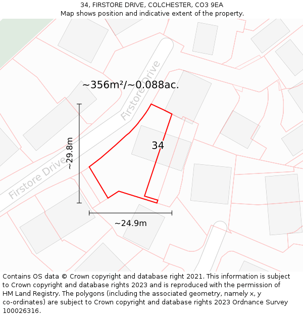 34, FIRSTORE DRIVE, COLCHESTER, CO3 9EA: Plot and title map